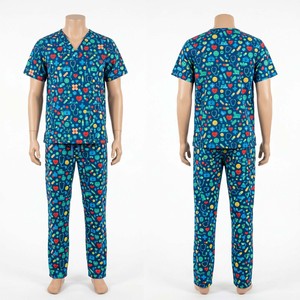 Ensemble de blouses médicales imprimées pour hommes, 180 GSM, coton poly premium, bleu, imprimé médical de dessins animés, logo personnalisé par sublimation, uniforme - Product Image 4
