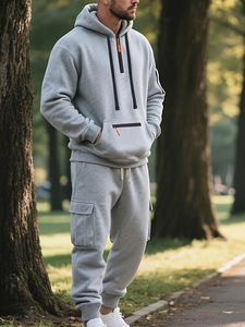 Men's Casual Sports Suit Terry Fabric 100% Cotton Quick Dry 300g Solid Multi Pocket Fashionable Hooded Two-Piece Set Winter - Product Image 6