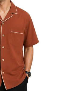 Customized <b>Rust</b> Brown Oversized Casual Men Shirt Contrast Piping Half Sleeve Cuban Collar Summer Streetwear Fashion <b>Top</b> Wear - Product Image 4