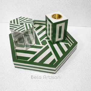 Ensemble de brûleurs hexagonaux écologiques en acier inoxydable avec incrustation d'os blanc vert Plateau décoratif fait à la main avec pot - Product Image 1