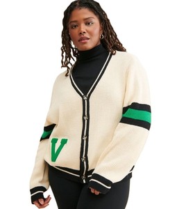 Cárdigan de punto para mujer, manga larga, cuello en V, estilo preppy, contraste de color, cierre con botones, patrón de letras, alta calidad - Product Image 1