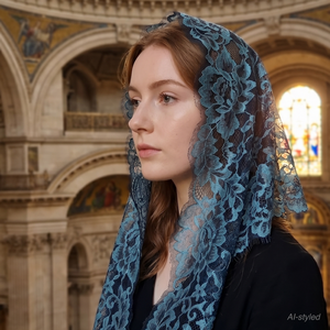 Voile de prière élégant vert paon en dentelle florale française, voile de chapelle catholique, mantille de qualité supérieure coréenne, cadeau pour femme - Product Image 1