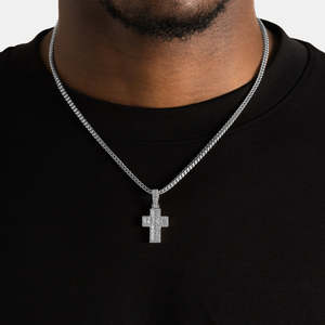 Cross <b>Pendant</b> With <b>Emerald</b> Cut Diamonds 925 Silver Rhodium Plated Religious Charm Men's Luxury Jewelry - Product Image 2