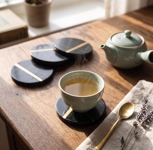 Natural <b>Black</b> Marble Round <b>Coaster</b> Set with Gold Brass Inlay 4 Inch Pack of 4 Table <b>Coasters</b> for Home Decor Glass Cup Holder - Product Image 2