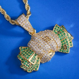 Collier pendentif empileable en moissanite plaqué or et rhodium, serti de cristaux verts, style hip-hop, bijoux unisexe pour mariage - Product Image 3