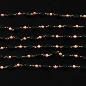 Chaînes de prière tendance en perles d'émeraude hydro et de perles de culture, rouleaux de perles ovales vertes de 6 mm de qualité supérieure, chaînes plaquées or pour bijoux - Product Image 2