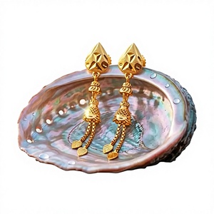 Elegant Brass <b>Long</b> Drop <b>Earrings</b> Traditional Indian Bridal Jhumka Style Handcrafted Wedding Fine Gold Dangle Jewelry - Product Image 2
