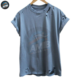 Nouveau design, vente chaude, t-shirts déchirés pour hommes, toile de haute qualité, col rond, respirant, léger, personnalisable, best-seller - Product Image 3