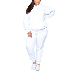 Women's Plus Size <b>White</b> Hooded Tracksuit Full Sleeve Solid Color Casual Sweat Suit <b>2</b> <b>Piece</b> Set With Side Pockets Elastic Waist - Product Image 1