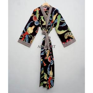 Kimono Kantha de Algodón Hecho a Mano, Diseño Floral, Cuello en V, Cintura Natural, Transpirable y de Secado Rápido, para Verano - Product Image 1