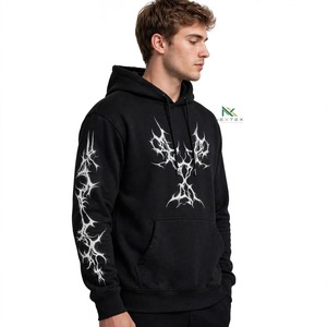 NEXTEX Sweat à capuche unisexe noir à imprimé tribal, design manches à motif épines blanches, poche kangourou, cordon de serrage à la capuche - Product Image 2