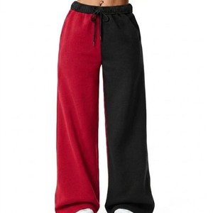 Pantalon de détente décontracté pour femme, coupe large, taille haute, confortable, avec cordon de serrage, color block rouge et noir - Product Image 3