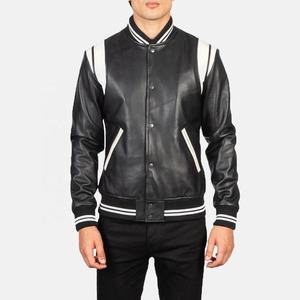 Men's Black PU Leather Varsity Jacket With White Stripes Turn-down Collar Casual Baseball Style Bomber <b>Coat</b> Autumn Wear - Product Image 4