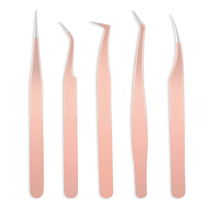 Ensemble de 5 pinces à épiler pour extensions de cils en acier inoxydable de haute qualité, couleur or rose, durables et de précision pour les extensions de cils - Product Image 1