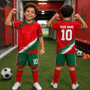 Conjunto de Camiseta de Fútbol para Niños, Rojo y Verde, Impresión por Transferencia de Calor, 100% Poliéster, Transpirable, de Secado Rápido, Manga Corta, Corte Regular, Nombre del Equipo - Product Image 1
