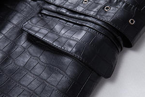 Chaqueta de Cuero PU Negra para Hombre, con Patrón de Cocodrilo Repujado, Corte Entallado, Cuello Camisero, con Cinturón, Estilo Formal, para Otoño - Product Image 6