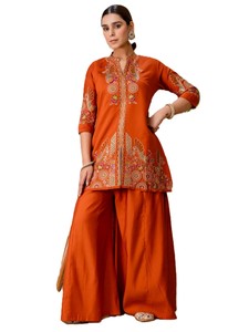 Kurta en soie brodée pour femme, col en V fendu, longueur courte, séchage rapide, avec salwar kameez indien à jambes larges et évasées - Product Image 2