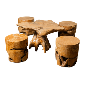 Ensemble de table en racine de teck rustique de luxe pour hôtels, villas, cafés, avec tabourets en bois naturel, meubles artisanaux ARTERRA - Product Image 1