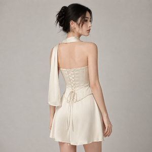 Luxury satin A-line Modern wedding gown Corset bodice wedding dress Scarf neck lace-up <b>Ankle</b>-length custom dress - Product Image 2