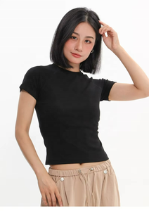 Top Corto Básico Ajustado de Algodón y Spandex para Mujer, Camiseta Corta con Costuras - Product Image 4