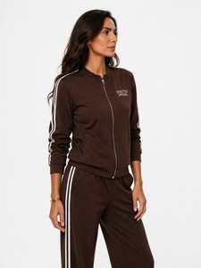 ONETEN APPAREL Ensemble de survêtement en coton marron pour femme, veste à col montant zippée, pantalon long à rayures latérales - Product Image 4