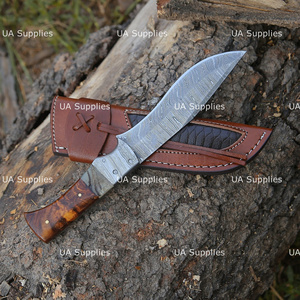 Cuchillo de Camping de Hoja Fija de Acero de Damasco de 12 Pulgadas, Mango de Cuerno de Carnero y Madera, Punta de Lanza, Funda de Cuero, OEM ODM, Cuchillos de Alta Calidad - Product Image 5