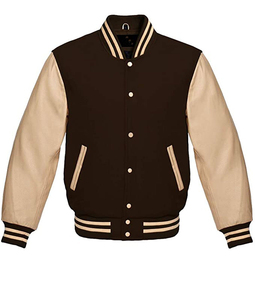 Custom <b>Mens</b> Brown Wool Body Beige Leather Sleeve Vintage <b>Baseball</b> Letterman College Bomber Varsity <b>Jacket</b> Wholesale Manufacturer - Product Image 1