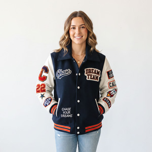 Veste universitaire pour femme avec patch brodé, manches en cuir, col rabattu, boutonnée, style streetwear, veste universitaire d'hiver - Product Image 6