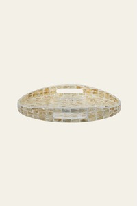 Mother Of Pearl Round Serving Tray With Floral Sunburst <b>Mosaic</b> Inlay Pattern Raised Rim And Side Handles For Dining <b>Table</b> Home - Product Image 4