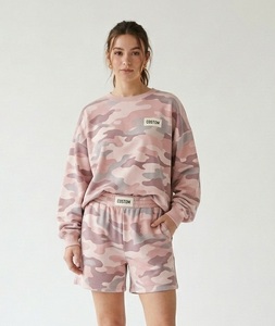 Casual Two Piece <b>Women</b> Brown Camouflage <b>Long</b> Sleeve Crew Neck Sweatshirt And <b>Shorts</b> Set Casual Two Piece Outfit - Product Image 2