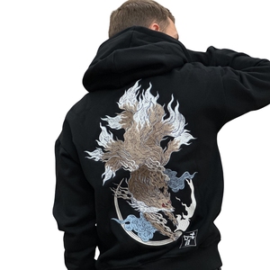Sudadera con Capucha de 9 Colas con Bordado Intenso e Impresión Digital de Kitsune Japonés |   Felpa de Algodón 100% de 400 GSM para Invierno, Edición Folklore - Product Image 1