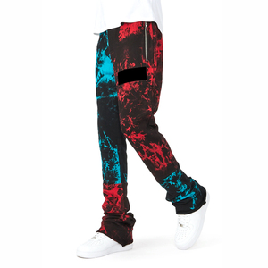 High Streetwear Men Color Block Stacked <b>Joggers</b> Cream <b>Black</b> Flare Leg Fleece Sweatpants - Product Image 2