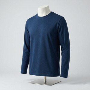 T-shirt à manches longues en coton premium pour homme, col rond, coupe ample, couleur unie, décontracté, tissu tricoté 180 GSM - Product Image 3