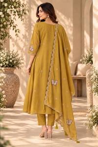 Ensemble Anarkali en coton moutarde pour femme avec dupatta brodé, style pakistanais, coupe ample, longueur ras du sol, tenue décontractée traditionnelle - Product Image 4