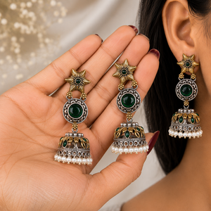 Direct Factory Oxidized <b>Silver</b> Two-Tone Flower Jhumka <b>Earrings</b> | Indian Bohemia Stone Dangle <b>Drop</b> <b>Earrings</b> | Wholesale Supplier - Product Image 4