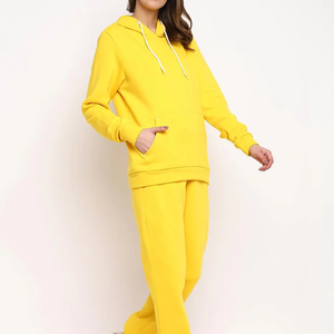 Women's Yellow Hooded Tracksuit Full Sleeve Solid Design Casual Loose Fit <b>Sweatshirt</b> And Pants Set With Side Pockets - Product Image 6