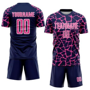 Uniforme de Fútbol Personalizado Sublimado en Azul Marino, Rosa y Blanco, con Gráfico Abstracto de Red, Transpirable, para Equipos Deportivos - Product Image 2