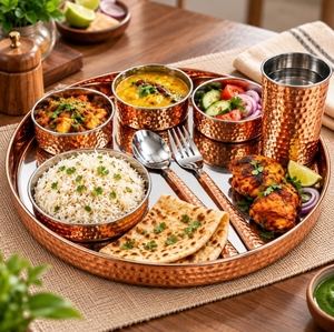 Complete Steel Copper Thali Dinnerware <b>Set</b> with Food Plate Bowls Spoon and Glass for Festive Meals Housewarming and Gifting <b>Set</b> - Product Image 1