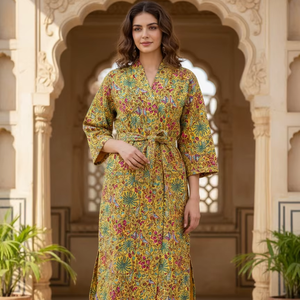 Kimono Nuevo con Estampado Kantha, Mangas Largas, Transpirable, Suave, Diseño Reversible con Cinturón, Ropa de Dormir para Mujer - Product Image 1