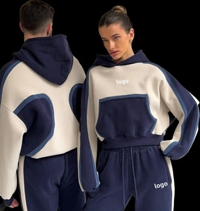 Último diseño de invierno de talla grande conjunto de dos piezas logotipo bordado personalizado de gran tamaño recortado Color bloqueado Sudadera con capucha de pierna recta - Product Image 1