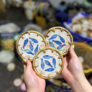 Ensemble de dessous-de-verre en rotin tissé naturel, faits à la main, incrustés de nacre, écologiques, décoration de table - Product Image 3