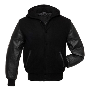 Veste varsity noire pour homme avec manches en cuir, capuche et fermeture à boutons, vêtement décontracté pour l'hiver - Product Image 2