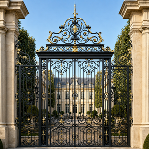 Portail de sécurité de luxe en fer forgé noir et or, avec motifs festonnés, pour entrée principale de grande villa et de manoir - Product Image 3