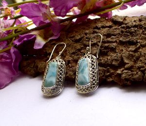 Nouvelles boucles d'oreilles pendantes vintage en argent sterling 925 avec pierre de larimar naturelle sertie en clos pour femme, bijoux fins pour tous les jours - Product Image 3