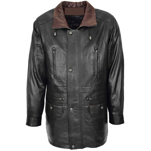 Blouson aviateur en cuir véritable pour homme D-TECH, noir, fermeture éclair, col montant, coupe classique, style hiver, coupe-vent - Product Image 4