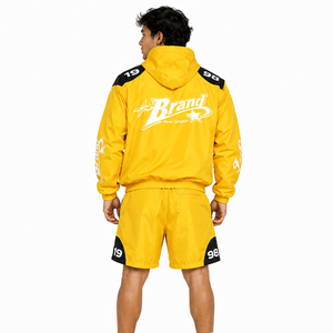 Veste coupe-vent jaune deux pièces personnalisée à faible MOQ, broderie patchwork, fermeture éclair, nylon, polyester, streetwear unisexe, shorts, sweats à capuche - Product Image 2