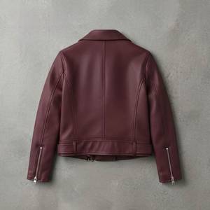 Chaqueta de Motociclista de Cuero Sintético Color Borgoña para Hombre, con Cierre de Cremallera, Cuello Camisero, Corte Ajustado, Largo Corto, para Otoño - Product Image 2