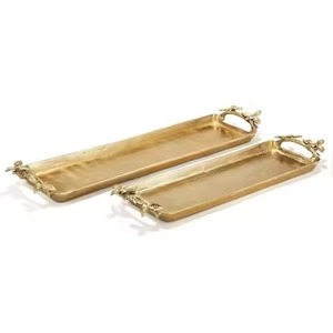 Plateau de service rectangulaire en métal, finition martelée dorée, fait main, style glamour, vaisselle pour décoration de fête, plateau plaqué or - Product Image 3