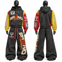 Survêtement à capuche de marque, coupe droite, style urbain, délavage acide, imprimé par sublimation, taille à cordon de serrage sur le côté