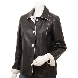 Blazer en cuir véritable pour femme avec col rabattu et fermeture boutonnée, manches longues, pour l'automne - Product Image 1